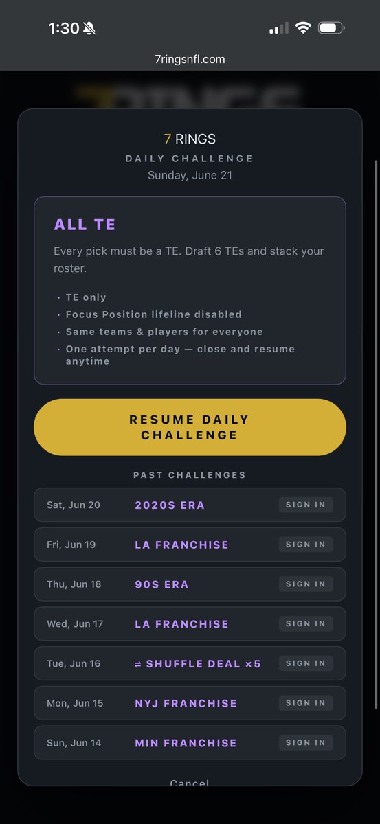 7RingsNFL's tweet photo. 🚨 7Rings Update v2.3 🚨

🏆Introducing Daily Challenges 

https://t.co/XQyz9L66tl 

Single-attempt challenges with specific rules like Tank Season, All Position, and Lifeline ×5.

⚡ Faster saves + leaderboard loads
Improved database queries, indexes, and save logic.

🖼️ Updated player headshot images
✅ Fixed missing player seasons
🎮 Smoother drafting experience across the site

Come play today’s challenge and share your score.