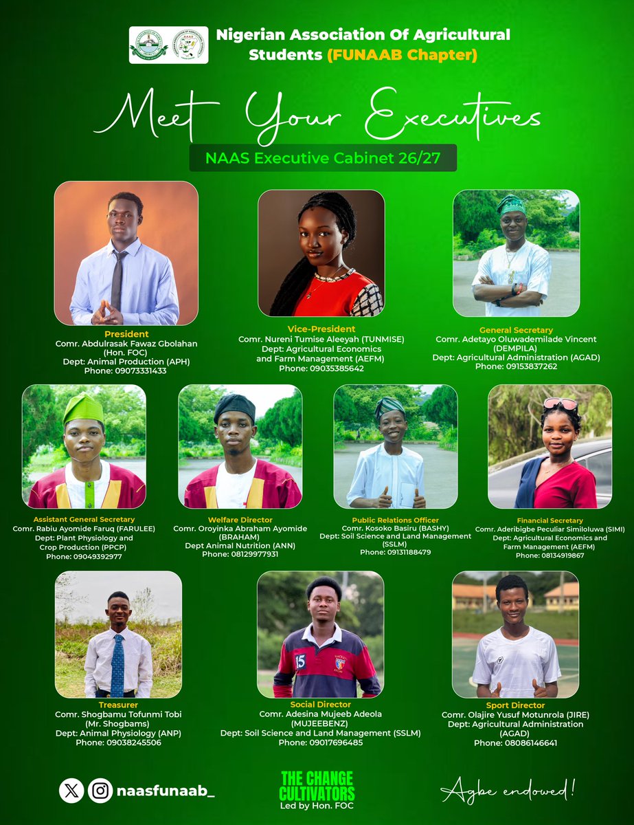 naasfunaab_'s tweet photo. Meet THE CHANGE CULTIVATORS! 🌱🔥

The 26/27 NAAS Executive Cabinet is here to serve, lead, and make a difference.

This is more than a team; it’s a movement dedicated to cultivating positive change across NAAS and FUNAAB.

The work begins now.💚
#NAASMustBeSeen
#NAASMustBeHeard https://t.co/9rdC8Eyjx3
