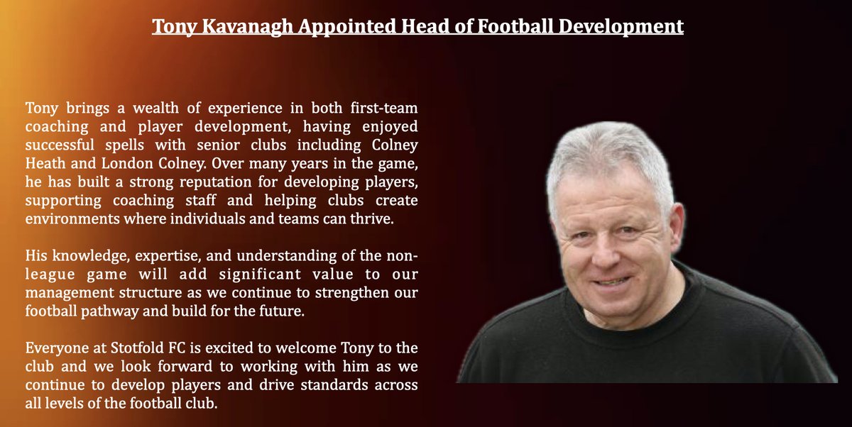 stotfoldfc's tweet photo. Tony Kavanagh Appointed Head of Football Development 🧡🖤

Stotfold FC are delighted to welcome Tony Kavanagh to the club as our new Head of Football Development.

Welcome to The Fold, Kavs! 🧡🖤 https://t.co/k8WWE1Qw0P