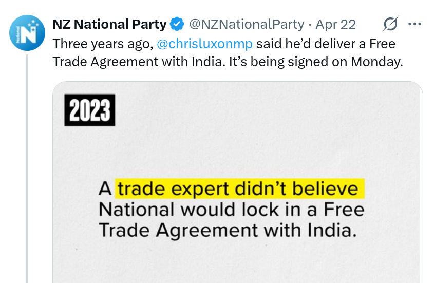 VoteSovereign's tweet photo. That trade expert was referring to a real FTA. Instead National stuffed the nation for generations.

India doesn't want to buy our fruit, they want to grow it, and export their population.

FTA Terms:
⛔No fruit genetics: no market access
⛔No uncappable visas: no FTA

India bragged NZ was "the first country in the world" to agree to their ludicrous immigration demands.
