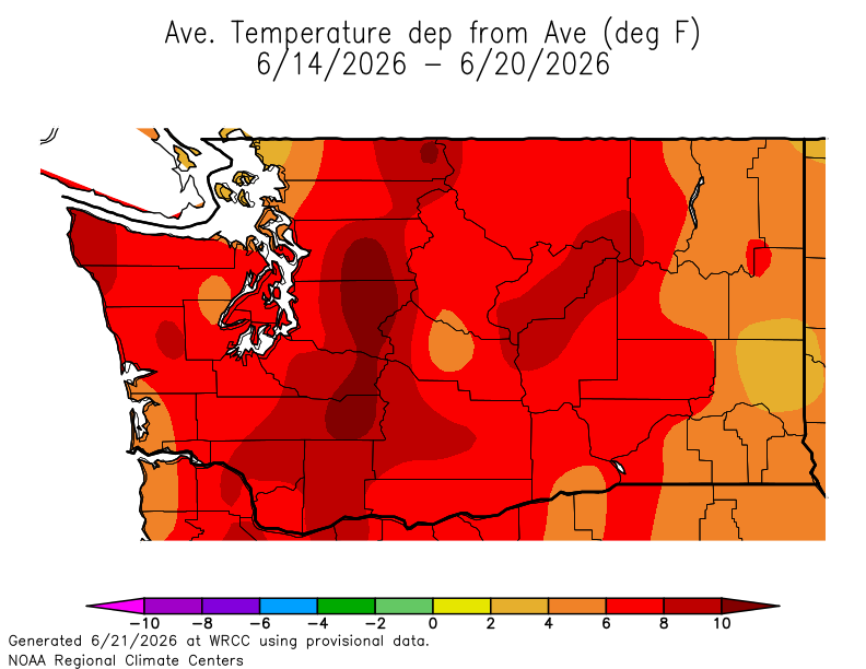 SeattleWXGuy's tweet photo. We've been very warm last 7 days, so no, this isnt a short warm streak. Expect mid 90's coming this week for some in Western WA, with 90 in Seattle, thats hot. https://t.co/uojlghYq5c