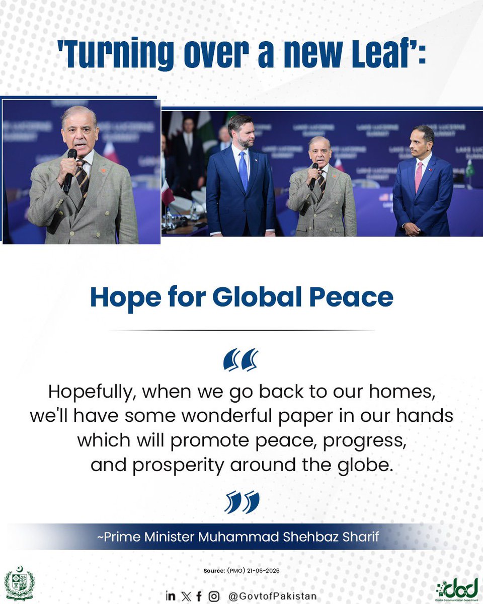 GovtofPakistan's tweet photo. Turning over a new leaf’: Pakistan, US, Qatar leaders expect Bürgenstock meeting to yield productive outcomes for global peace

Declaring a desire to “turn over a new leaf” in the Middle East, the leaders of Pakistan, the United States, and Qatar on Sunday expressed strong hope that the Bürgenstock talks would play a role to promote global peace, international security, and economic prosperity around the globe.

#PakistanForPeace