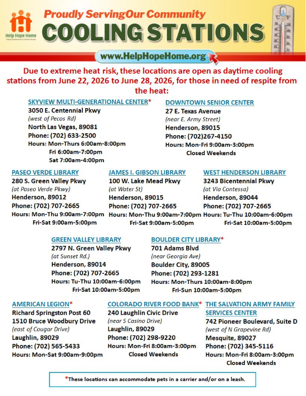 ClarkCountyNV's tweet photo. Due to high temperatures expected across Southern Nevada over the next week, cooling stations will be activated across #ClarkCounty on June 22 until June 28 to offer people in need a cool, indoor space to escape the heat. 🌡️ ☀️ 
 
A list of sites, including community centers and libraries, can be found below. For an interactive map to these locations, please visit: https://t.co/61BatQTanj