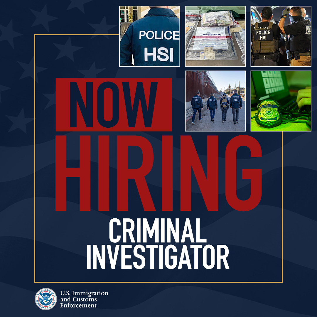 HSI_HQ's tweet photo. ICE Homeland Security Investigations is hiring criminal investigators in many locations across the country at the GS-9 level, with promotional potential to GS-13.

🔎Investigate individuals, groups, and large organizations to protect national security. 

HSI criminal investigators make arrests, confront suspects and secure crime scenes sometimes under dangerous conditions. 

This is an elite team under ICE’s criminal investigations arm — do you have what it takes?

💻 Apply by July 8 at https://t.co/xrQqMv4qNF

💡Learn more about HSI at https://t.co/dNltluUOJ7