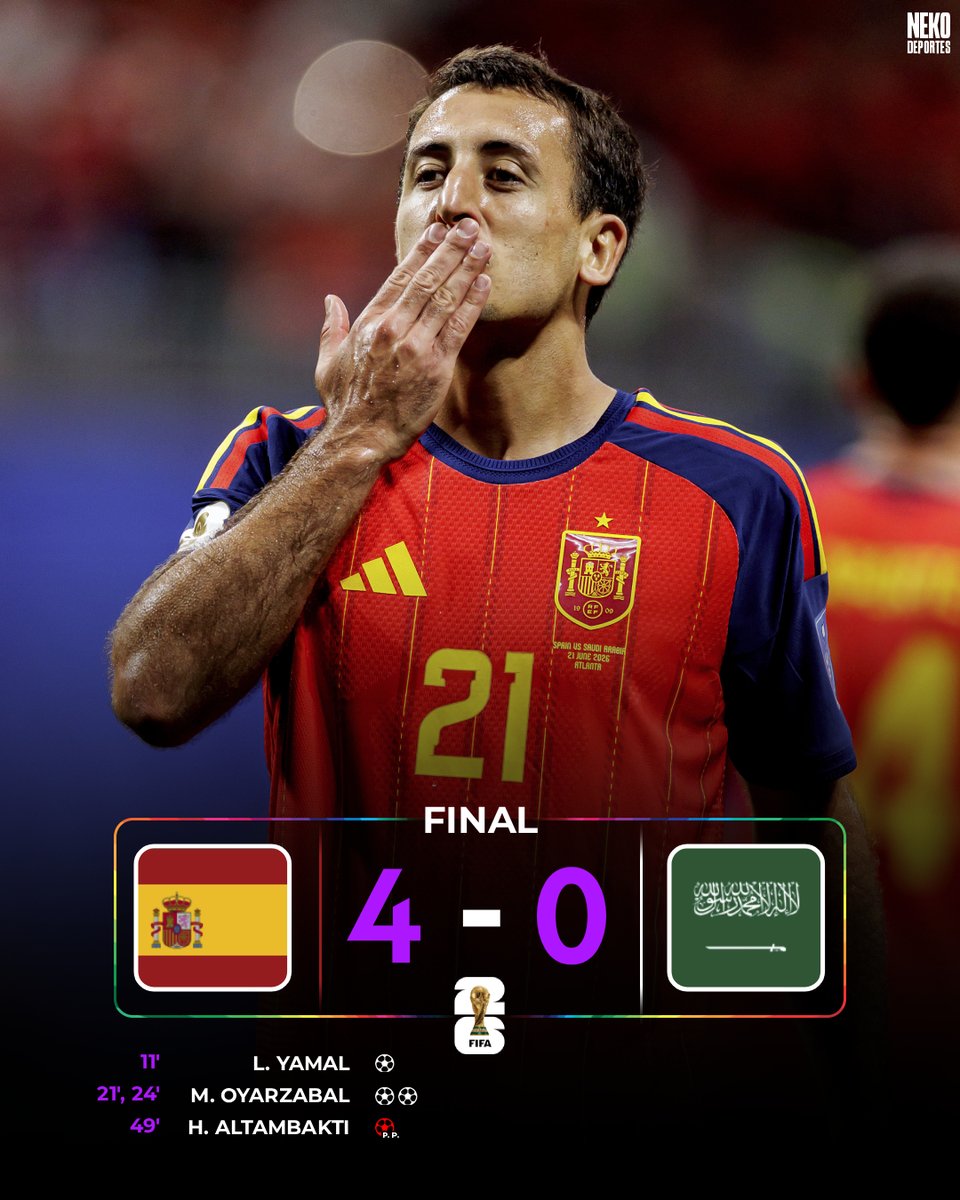 NEKODeportes's tweet photo. 🔝🇪🇸  España se exhibe ante Arabia Saudí (4-0) y se pone primera del Grupo H

Los goles de Lamine Yamal, Cucurella y el doblete de Oyarzabal dan los TRES primeros puntos a la Selección Española. https://t.co/KrIfqRcq0y