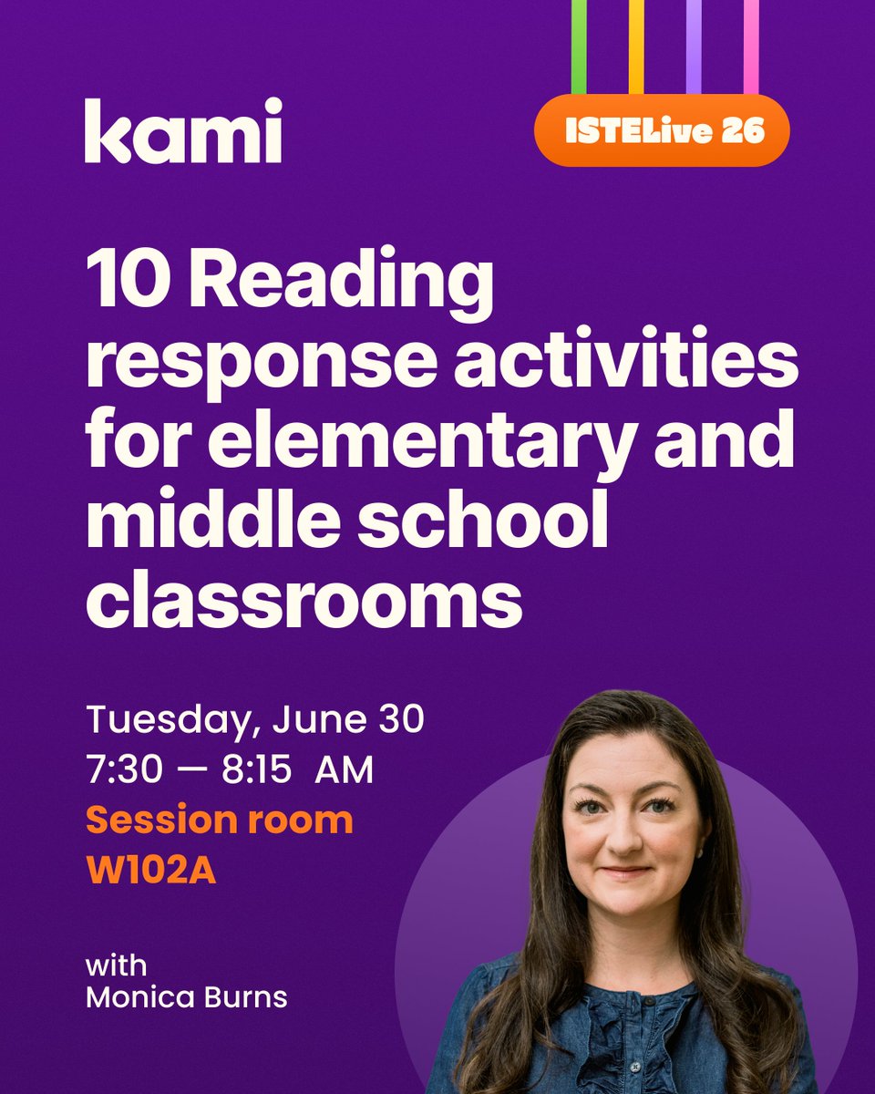 MissM3ganK's tweet photo. 10 creative reading response activities for elementary and middle school. Monica Burns shows how Kami and Book Creator bring them to life. Tue June 30, 8:30 AM, Kami Room. Coffee and a pastry provided. https://t.co/S6Od1xrlFt #ISTELive26 #KamiApp https://t.co/7N5HEek9cL