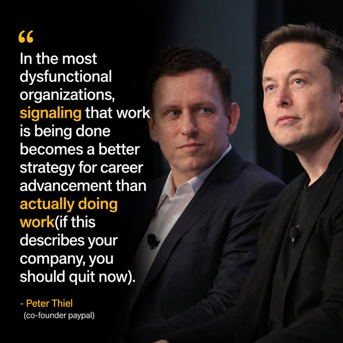 ravipatelctf's tweet photo. Founders should read this twice.

When people are rewarded for looking busy instead of creating value, politics inevitably beats execution.

                                      - Peter Thiel (Co-founder of PayPal) https://t.co/aX0FppUvqo