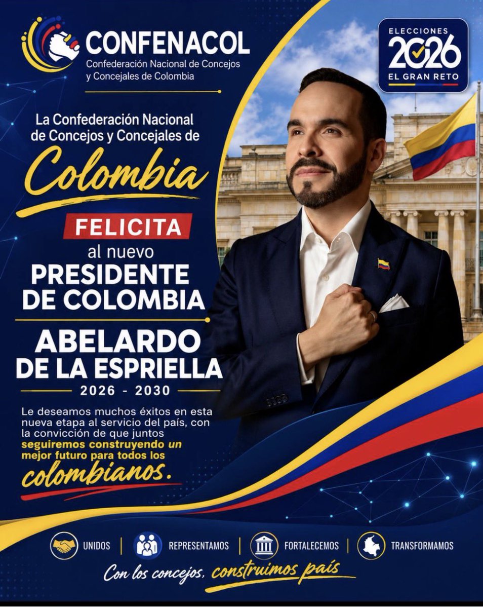 CONFENACOL's tweet photo. La Confederación Nacional de Concejos y Concejales de Colombia – CONFENACOL felicita al nuestro nuevo Presidente @ABDELAESPRIELLA @DELAESPRIELLAE 

Expresamos nuestro respaldo al fortalecimiento de la democracia, la institucionalidad y el trabajo conjunto en favor de las regiones https://t.co/Ro6W1uYLiB