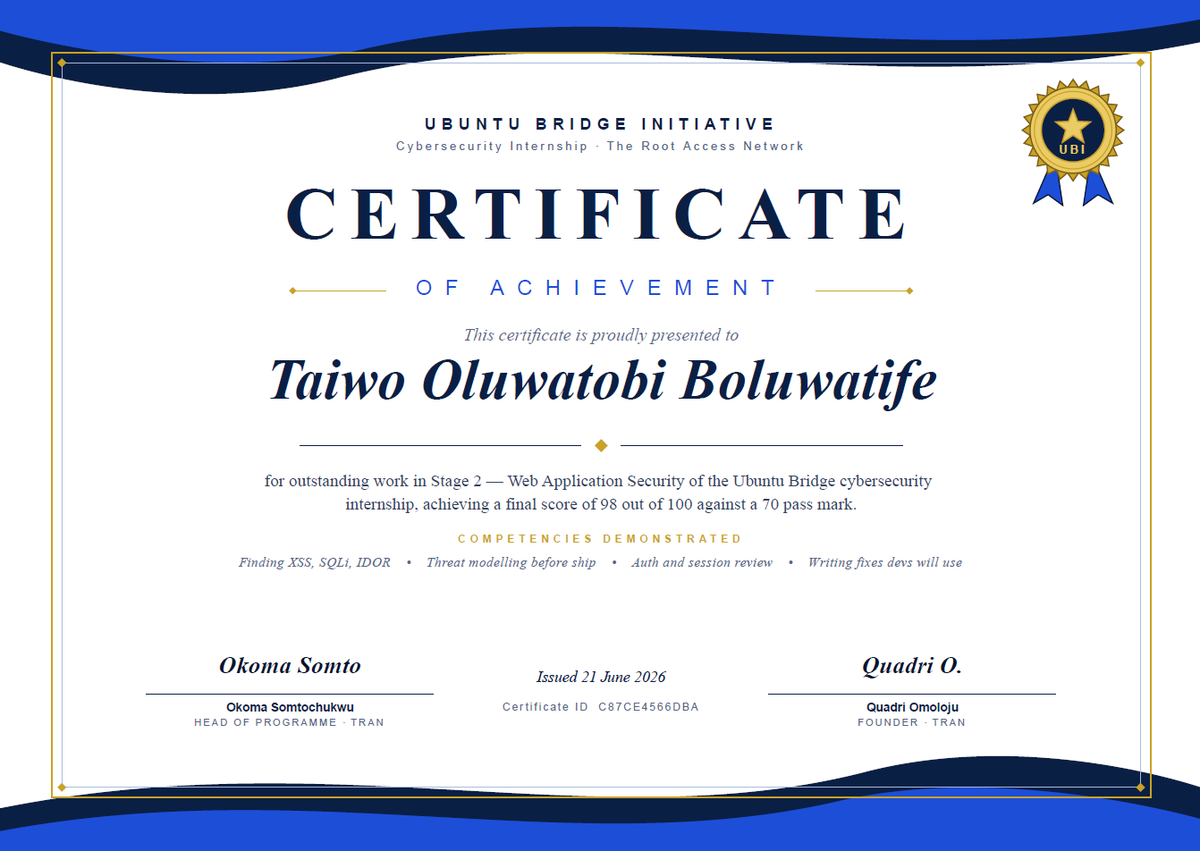 TOBIETOM's tweet photo. Catching up on a couple of posts. 

Ubuntu Bridge Initiative cybersecurity internship, two stages down.

Stage 1, Applied Cryptography: 98/100. 
Decrypted five artefacts off an attacker's abandoned server. 
Lesson: none of the algorithms were broken, AES held, signatures held. Every failure was in how the crypto was used. Couldn't crack a JWT secret with hashcat, so I forged admin access via alg:none instead.

Stage 2, web app pentest: 98/100. 
Found 10 findings in a forgotten 2019 admin panel and chained them into a 16-minute breach. 
No single bug did it. SQLi got me in, a token with no expiry meant access never lapsed, stored XSS meant I didn't even need to come back.

Stage 3 starts tomorrow. Ikuzo