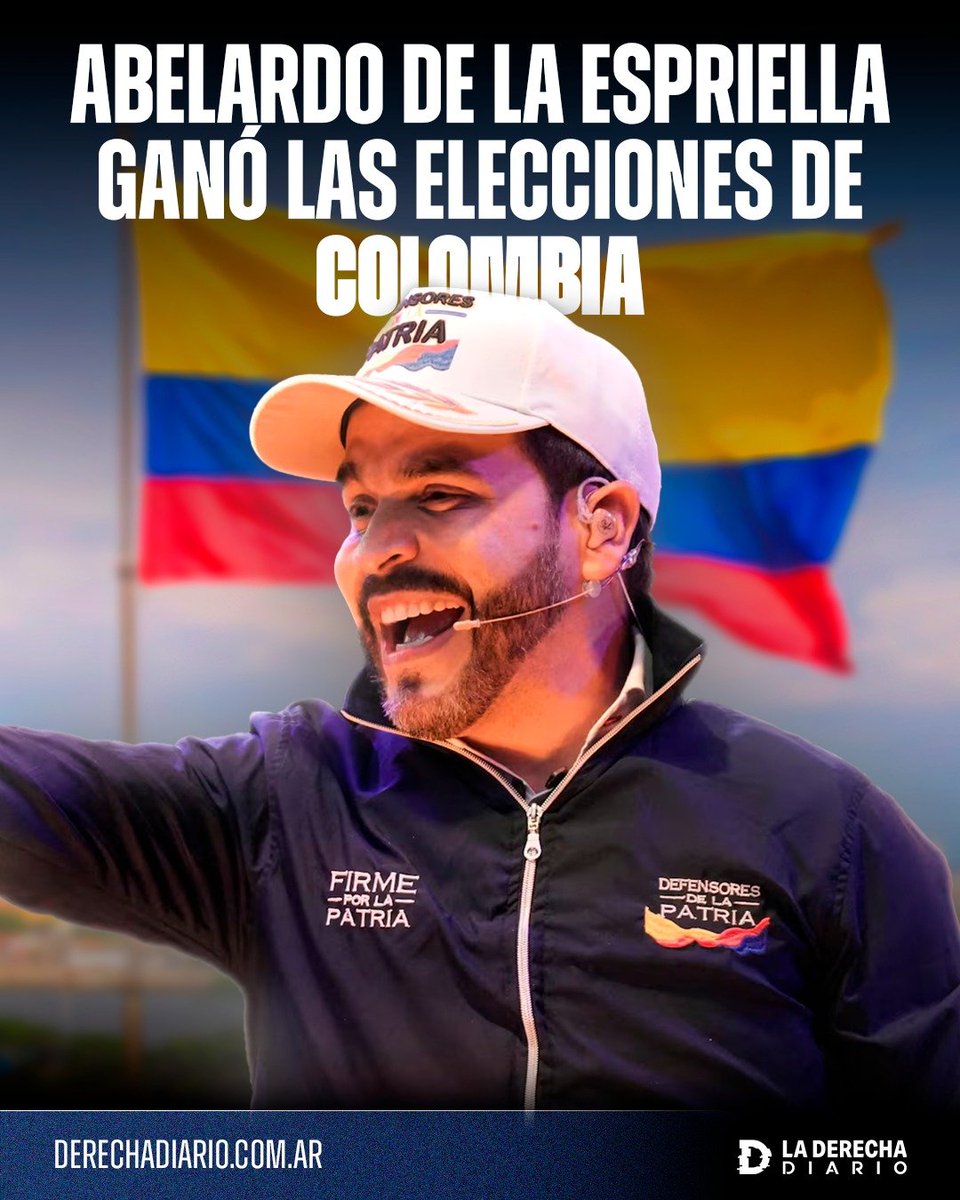 laderechadiario's tweet photo. 🚨🇨🇴 | #URGENTE COLOMBIA ES DE DERECHA: El candidato derechista Abelardo de la Espriella se impuso en el balotaje frente al comunista lacayo de Petro, Iván Cepeda, y se convirtió en el nuevo presidente de Colombia. https://t.co/nBjtgktDho
