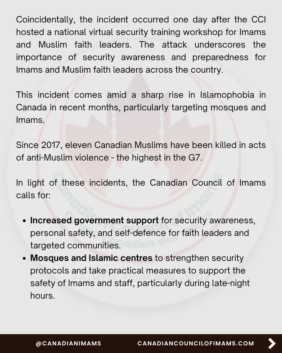 CCImams's tweet photo. The Canadian Council of Imams commends Imam Ebrahim Ali of Victoria, BC, for his courage following a violent attack that left him injured but safe.

Read our full statement: https://t.co/d0xvY9QaZ2

#Islamophobia #canadianmuslims #victoriabc https://t.co/cGHU7WpSC8