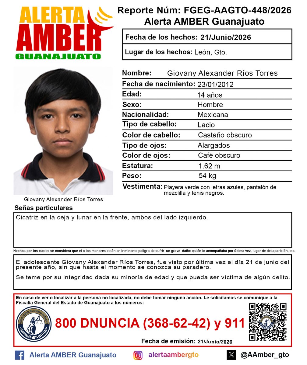 AAMBER_gto's tweet photo. Activación de la Alerta AMBER Guanajuato del adolescente Giovany Alexander Ríos Torres de 14 años, León, Gto. ¡Ayúdanos a localizarlo! https://t.co/1SFNbWOnhH