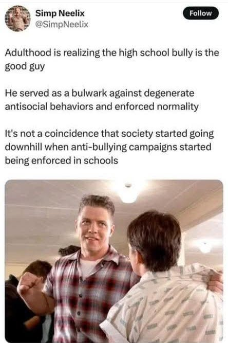 copemoder's tweet photo. @redrummarts the "bullying is good actually" discourse just smacks of morons trying to tell themselves that their high school bully actually did them a favor. https://t.co/LOZtAbFJDd