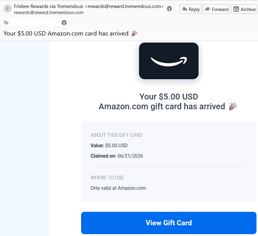 MakeMoSaveMo's tweet photo. Payment proof: #Frisbee - $5 #Amazon #GiftCard - June 21, 2026. https://t.co/izV3IEZV6Z