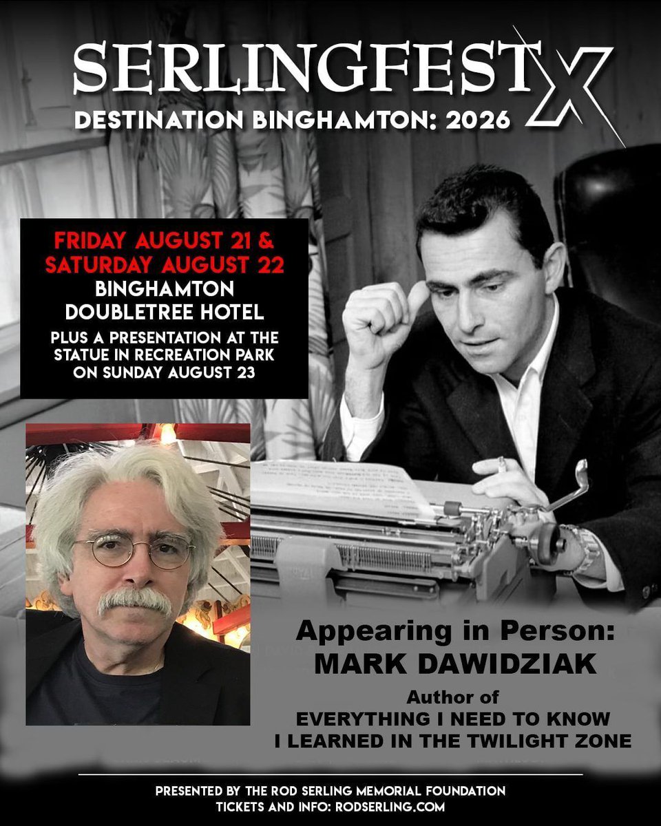 RodSerlingFndtn's tweet photo. EVERYTHING I NEED TO KNOW I LEARNED IN THE TWILIGHT ZONE! Who agrees? Come meet the author at SerlingFest 2026! Tickets and more info: https://t.co/RXygzmccK0 https://t.co/Im1MnzEHpy