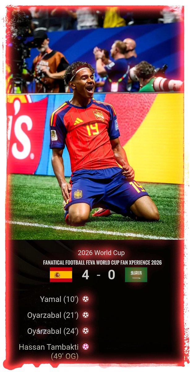FanaticalClub's tweet photo. Spain 4-0 🇸🇦 : Yamal scored a maiden heaven WC goal.

After a disappointing first game, Spain finally unleashed their talent on attack. Record night for Yamal(1st WC goal) &amp; Oyarzabal(2nd player with 3-goal contribution in the first 25 min) the team(fastest 3-0 lead in 52 years). https://t.co/1KYDP7fAsh