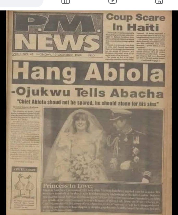 Montero1016's tweet photo. Since Ibos love history, attached is the video of Daniel Kanu mobilizing a 1 million man march for Abacha along with a few hungry akotileta Yorubas.
    Also attached is the image of a Newspaper headline in Oct 1994 where runaway warlord- Ojukwu asked Abacha to behead/hang MKO Abiola. I do not politicize history.

NOTE- Daniel Kanu is now Obidient & a supporter of Ojukwu's protege- Peter Obi. Obi himself was part of that 1 million Man march according to the grapevine.

Anywhere u see a Yoruba man been politically destroyed, an Ibo man is either at the forefront or behind it in the shadows! 
That is not hate, it is a fact backed by data!