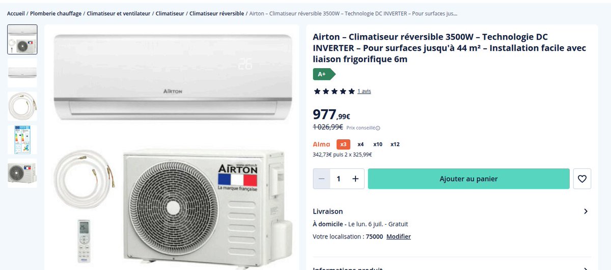 HenriGauthier19's tweet photo. 🚩Il y a quand même une alternative intéressante à la climatisation Midea Portasplit. Un truc qui n'est que très peu tweeté.

La climatisation Midea portasplit fait fureur du fait d'un principe simple : c'est un dualsplit mais sans branchement frigorifique nécessaire (qui elle ne peut se faire que par une société habilitée, article R.543-78 du code de l'environnement).

De ce fait, tu peux la mettre partout. Et c'est très bien. Mais c'ets aussi très chiant car tu peux pas détacher les deux unités, et que l'unité intérieure prend beaucoup de place. 

Mais il y a un autre système qui contourne l'article R.543-78 du code de l'environnement : le dispositif ReadyClim d'Airton. 

Le principe est simple : ils vendent un dualsplit ET une liaison préchargée en gaz. Tu visses des deux côtés, tu ouvres les vannes et hop ça marche. Et pour couper le lien : tu remets les vannes et tu dévisses. 

Et ça passe la législation car le lien frigorifique contient moins de 2kg de gaz 😇

J'y vois potentiellement plusieurs avantages :

1) La liaison est plus petite en circonférence, et plus longue : 6 mètres !! C'est énorme. 

2) L'unité intérieure est une clim normale. On peut la mettre au mur, et reboucher ensuite les trous si on est locataire. Gain de place énorme. 

3) Le truc se démonte en un clin d'oeil si on vous emmerde sans faire appel à un installateur. 

Je me demande pourquoi c'est si peu abordé.