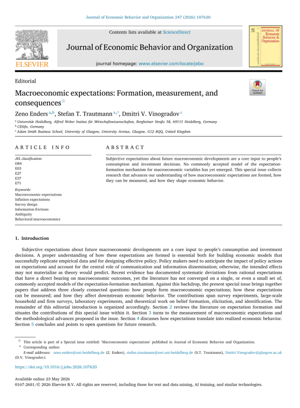 int_mon_econ's tweet photo. Highly relevant!

"Macroeconomic expectations: Formation, measurement, and consequences" by Zeno Enders, Stefan T. Trautmann, and Dmitri V. Vinogradov. An editorial for the "Macroeconomic expectations" special issue in the Journal of Economic Behavior and Organization.

"The contributions assembled in this special issue cut across the three thematic strands of formation, measurement, and consequences of expectations, but they speak to one another in ways that suggest a more integrated agenda. On the formation side, the new evidence reinforces the picture of expectations as the joint product of information frictions, cognitive limitations, social influences, and salient personal experiences, rather than the output of a single canonical mechanism. On the measurement side, the papers in the issue show that the apparent properties of expectations – their level, dispersion, and uncertainty – depend systematically on how questions are framed, on which response format is used, and on how the elicited distributions are summarized; methodological choices are not innocuous, and the comparability of results across surveys and over time hinges on them. On the consequences side, the evidence confirms that expectations influence behavior across households, firms, and asset markets, but also that detecting these effects depends on careful identification strategies, structural model integration, randomized information experiments, and laboratory designs, each with its own strengths and limitations."

https://t.co/G6L3vQKBP9