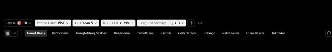 margasi46's tweet photo. En Basit Haliye Temel Olarak ucuz olan #Hisse Taraması nasıl yapılır. (tradingView Görselide ekliyorum)
FK küçük<5
öz kaynak karlılığı (YILLIK) BÜYÜK >20
Borç/Öz kaynak Karlılığı  yani Net Borç/Favök < 3
TEMEL VE TEKNİK OLARAK İNCELENMELİDİR ÇIKAN HİSSELER https://t.co/qMAYG3RJEW