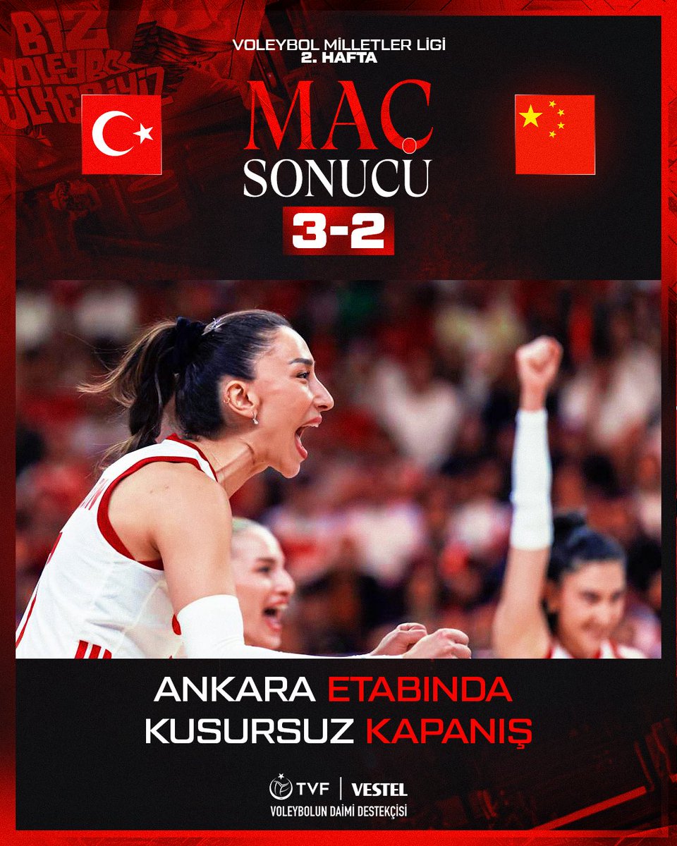 Vestel's tweet photo. Ankara etabını namağlup tamamladık! 💪🏻

#FileninSultanları, Voleybol Milletler Ligi 2. hafta son maçında Çin karşısında 2-1 geriden gelerek 3-2 kazanarak Ankara etabını 4'te 4 ile tamamladı! 🔥

Muhteşem performans, harika kapanış! 💪🏻

#BizVoleybolÜlkesiyiz ❤️🏐 https://t.co/1sqmdEIvzQ