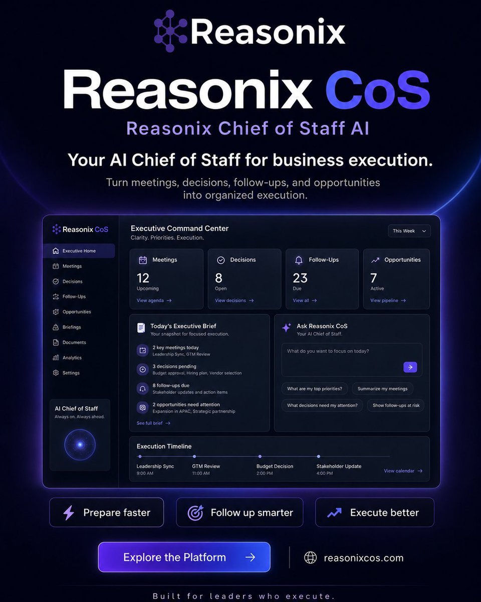 Ismail_Yasein's tweet photo. Reasonix CoS is your AI Chief of Staff for business execution.
Explore the platform:
https://t.co/ZSCnaMDi94
#Reasonix #ReasonixCoS #AI #AgenticAI #BusinessExecution #Leadership #SaaS #Productivity #ArtificialIntelligence #ChiefOfStaff #BusinessTechnology https://t.co/84aPie5fIV