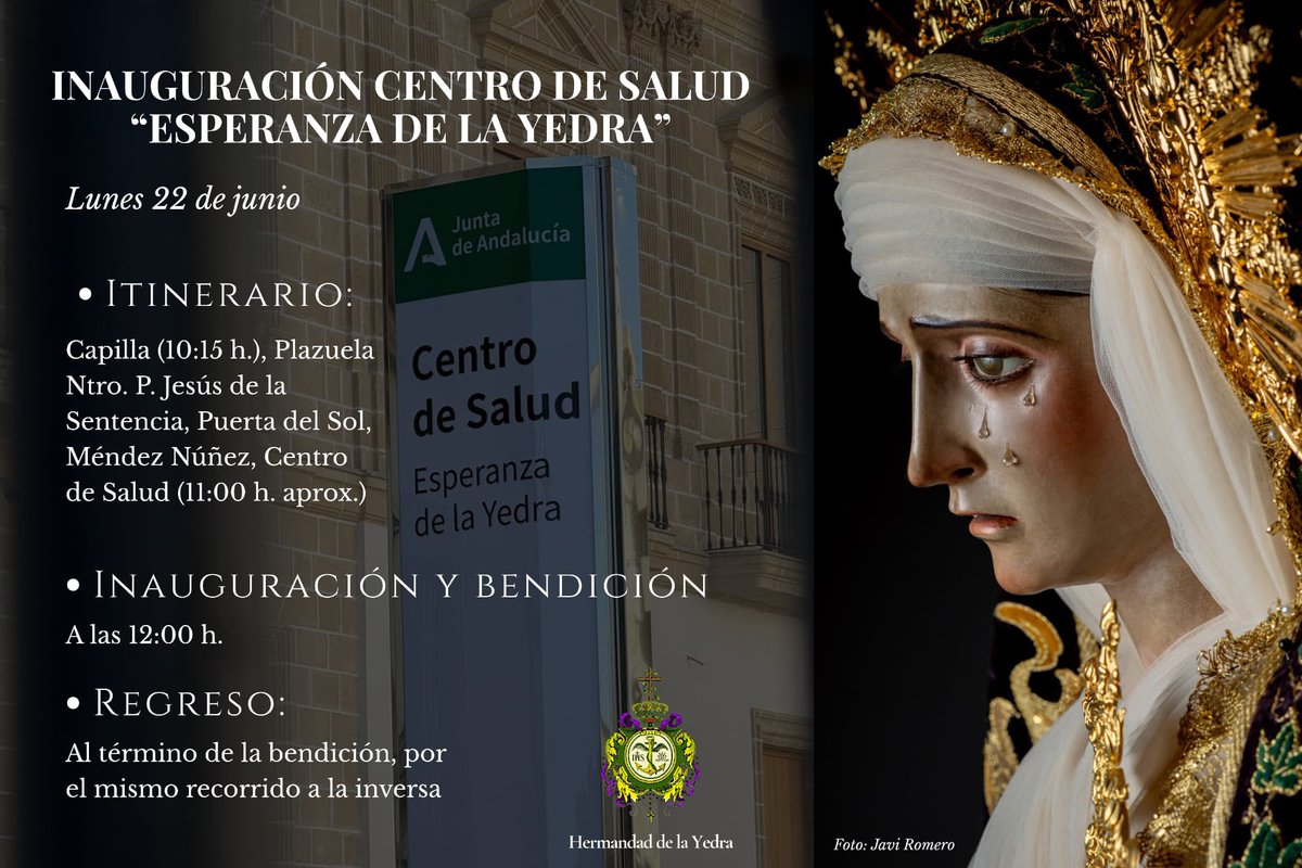 HermandadYedra's tweet photo. 🟢 Aquí tienes toda la información del acto inaugural del centro de salud Esperanza de la Yedra👇🏼 https://t.co/0ARA2ifRaE