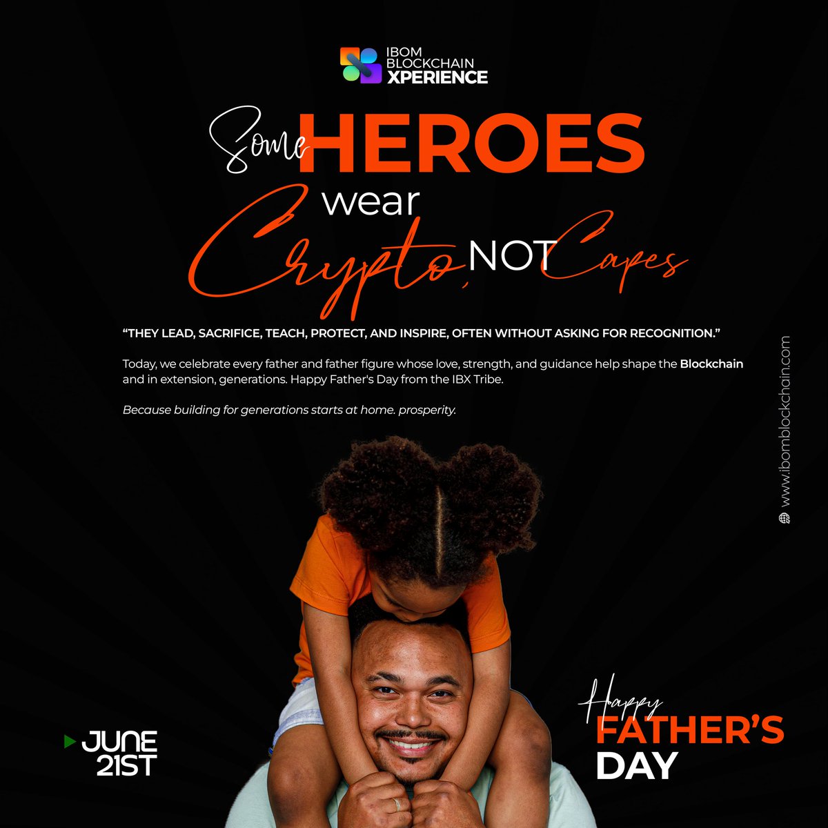 IbomBlockchain's tweet photo. Some heroes wear Crypto, not capes

They lead, sacrifice, teach, protect, and inspire, often without asking for recognition.

Today, we celebrate every father and father figure whose love, strength, and guidance help shape the blockchain and in extension, generations.

Happy Father's Day from the IBX Tribe. 💚🧡

Because building for generations starts at home.