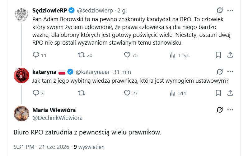 KurierP's tweet photo. Kataryna @katarynaaa albo się czepia, albo żyje w oderwaniu od rzeczywistości 😉 Polska to taki kraj, w którym nie potrzeba mieć żadnej wiedzy, by zajmować najwyższe stanowiska w państwie. Wystarczy, że Adam Borowski jest kandydatem Sakiewicza z poparciem Ad Vocem i Sędziów RP. https://t.co/mzG5YLtGdm