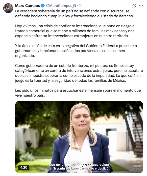ZonaFreeMX's tweet photo. 🔴 Habla la gobernadora del PAN @MaruCampos_G, quien dejó operar a la CIA en Chihuahua y entregó Seguridad Pública Estatal al cártel de Sinaloa y la Fiscalía al cártel de Juárez.

—Su cinismo para impulsar falsas narrativas y pretender desviar la atención no tiene límites: https://t.co/QgFpoWvtk0