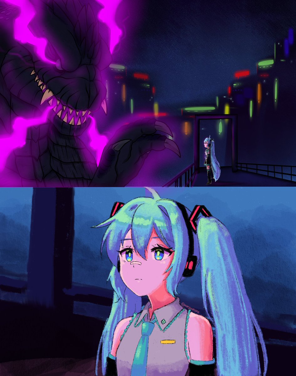 marywutoons's tweet photo. #hatsunemiku y #godzilla collab comisión. Yo dibuje a Miku 
@cartam910 https://t.co/ulm6h8eOp4