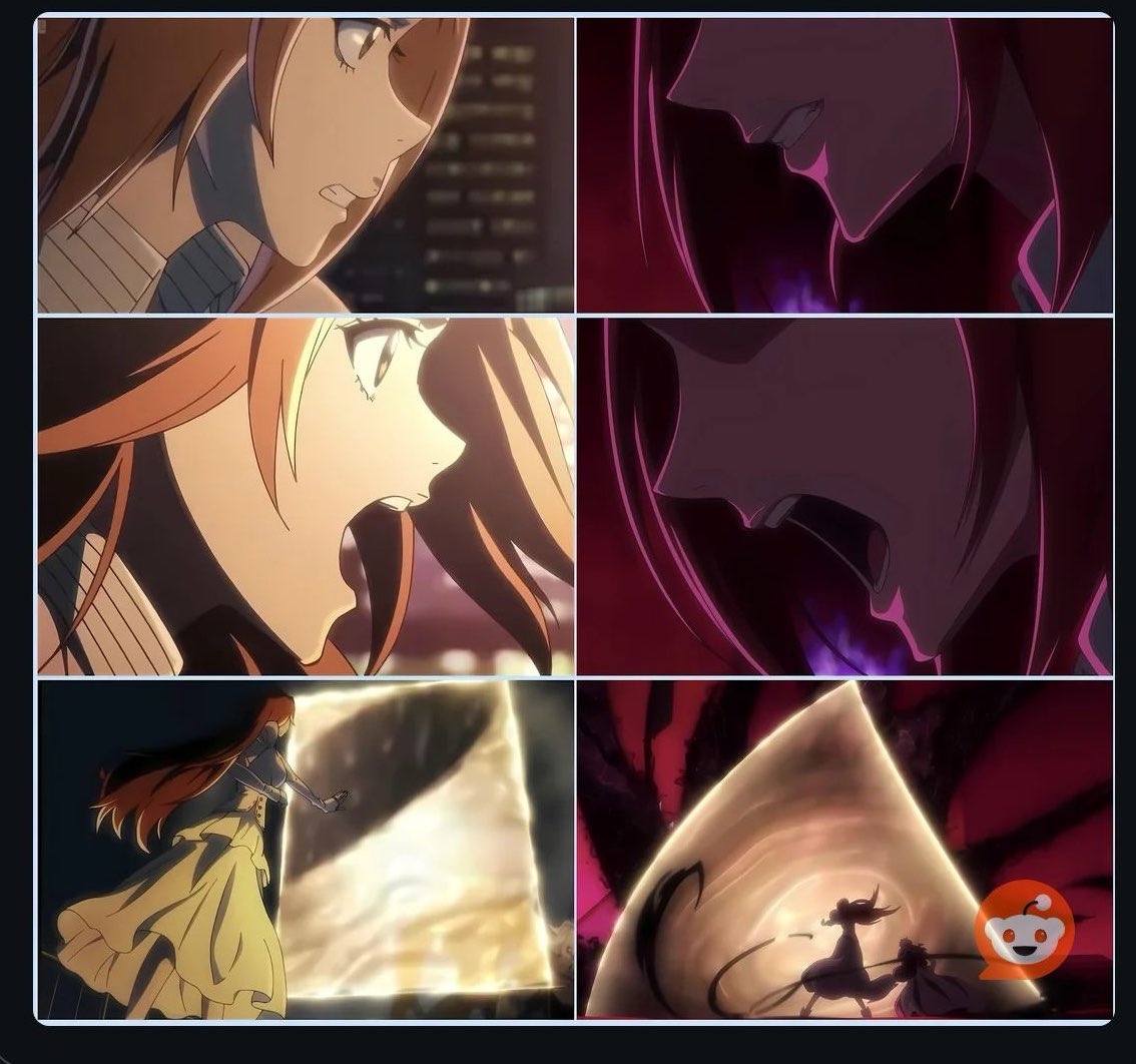 Bbokirin's tweet photo. Left = cour 1 ep 1 : Orihime being mildly serious while launching shiten Koshun to repel a hollow

Right = cour 4 ep 1 (?): Orihime being ANGRY while launching Koten Zanshun to ATTACK A GOD!!! 😭 https://t.co/Umu9I12LAD