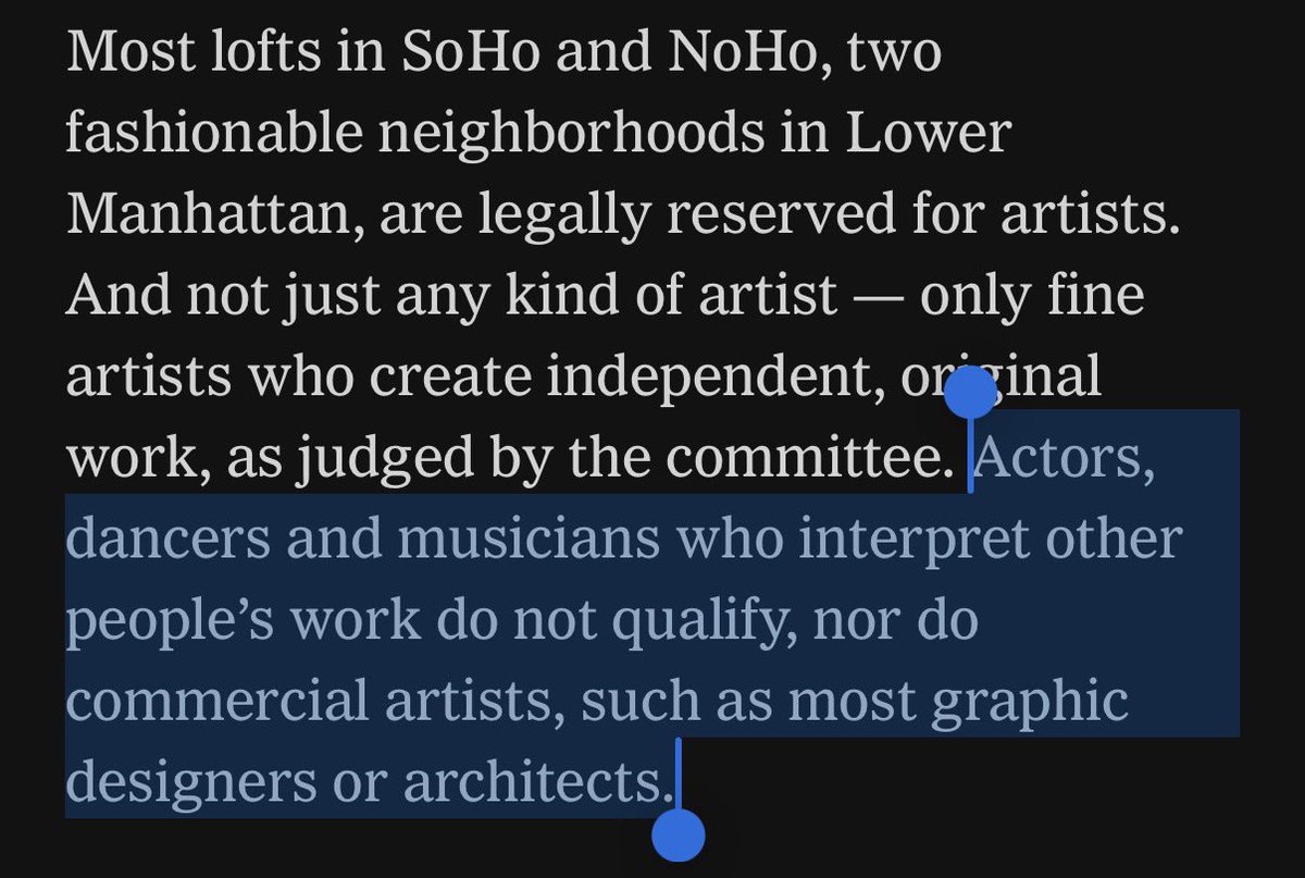 maxdubler's tweet photo. If you want to live in an artists’ loft in SoHo, you have to be officially certified as An Artist. You can’t get certified if you do the kinds of art that you can make a living off of. So these lofts are just for rich kids.

Gift link: https://t.co/GULVyp2dDT https://t.co/pAE2E9PtS3