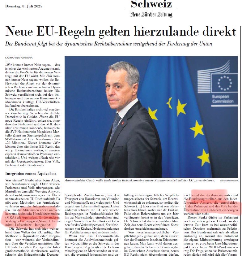 MBattiger's tweet photo. #SimonMichel lügt.
Die neuen Verträge mit #EU führen dazu, dass wir EU-Recht zumeist via sog. #Integrationsmethode automatisch übernehmen. Es gilt für die🇨🇭, sobald es die EU beschliesst - ohne dass es je zur Beratung ins Schweizer Parlament käme & ohne Referendumsmöglichkeit. https://t.co/ElktoHEScH