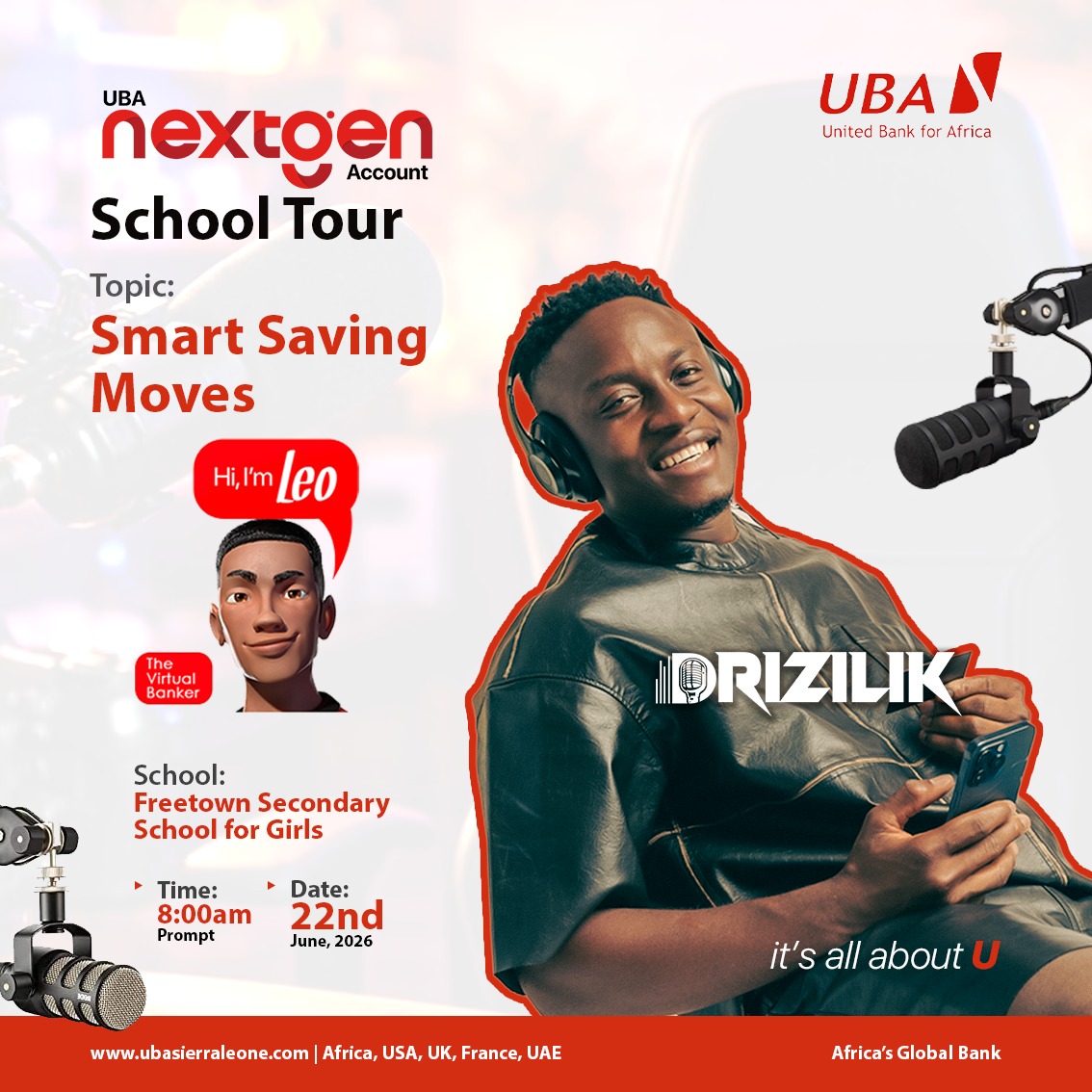 UBA_SierraLeone's tweet photo. SMART SAVING MOVES START NOW!

The UBA Sierra Leone Leo & NexGen School Tour is taking over the classrooms with none other than Sierra Leone’s rap sensation, Drizilik! 

Tomorrow we are Freetown Secondary School For Girls Live.

Why just spend when you can SAVE, GROW, and SECURE your future? 

Join the movement as we inspire the next generation to bank smarter, dream bigger, and build wealth earlier with UBA Leo & NexGen Accounts. 

Smart Students. Smart Choices. Smart Saving Moves.

#UBASierraLeone #UBALeo #UBANexGen #SmartSavingMoves #Drizilik #GenZBanking #FutureReady #AfricasGlobalBank