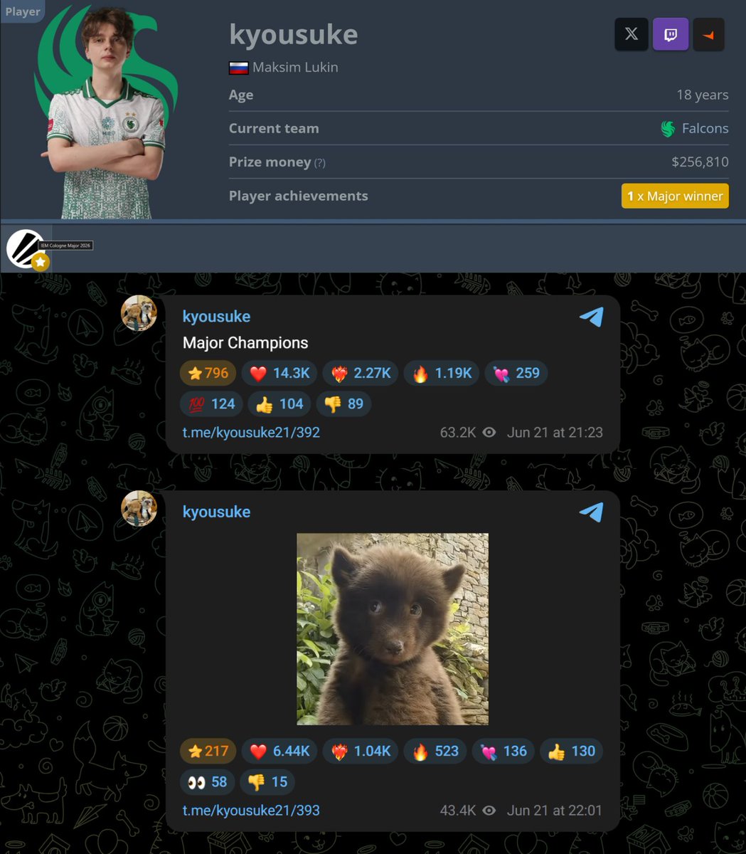 CS2News_EN's tweet photo. kyousuke's reaction to Major victory in his Telegram channel: https://t.co/9MaWyS2o6n