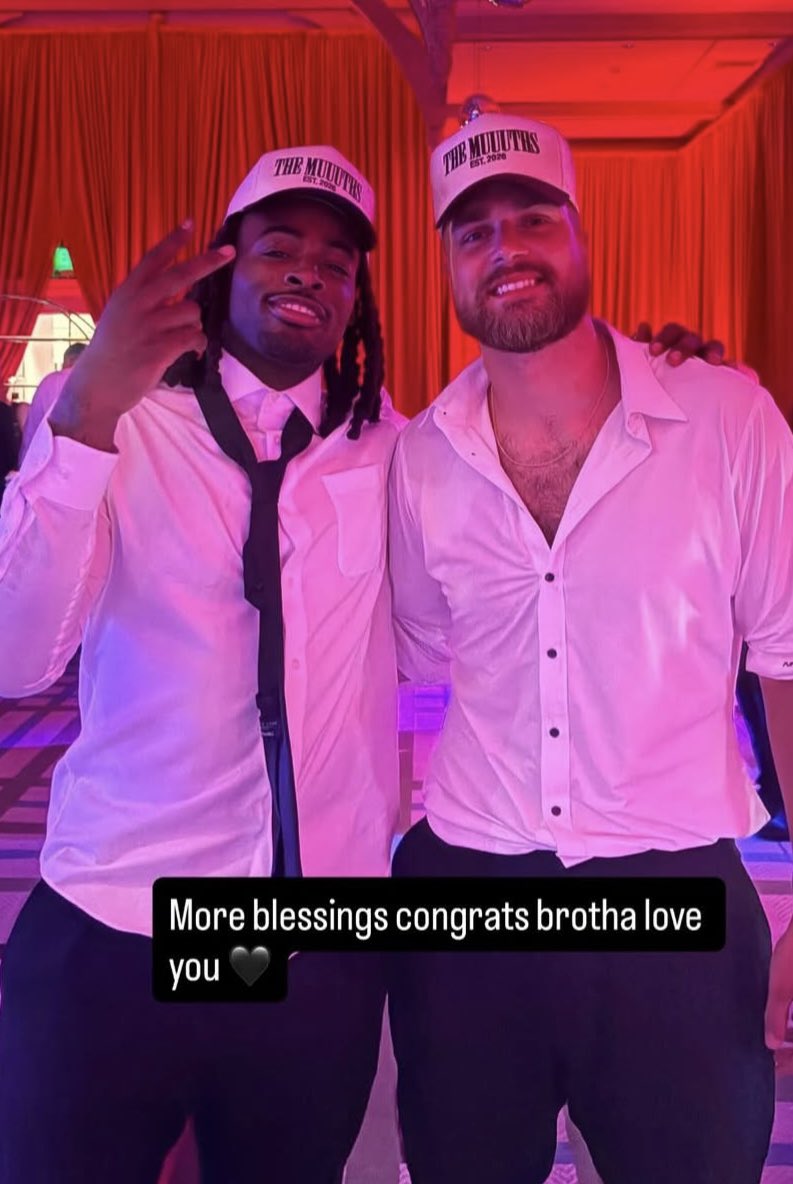 matthewluciow92's tweet photo. Najee Harris  Celebrating with Pat Freiermuth at his wedding.that Muuuth hat is  the best 😂😂

#steelers https://t.co/dRoU1thh4S