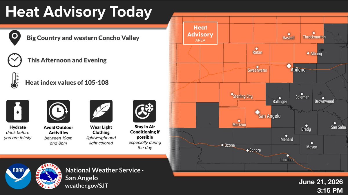 Graphic on the right side is a map depicting the heat advisory for today. Text on the left provides additional details.
