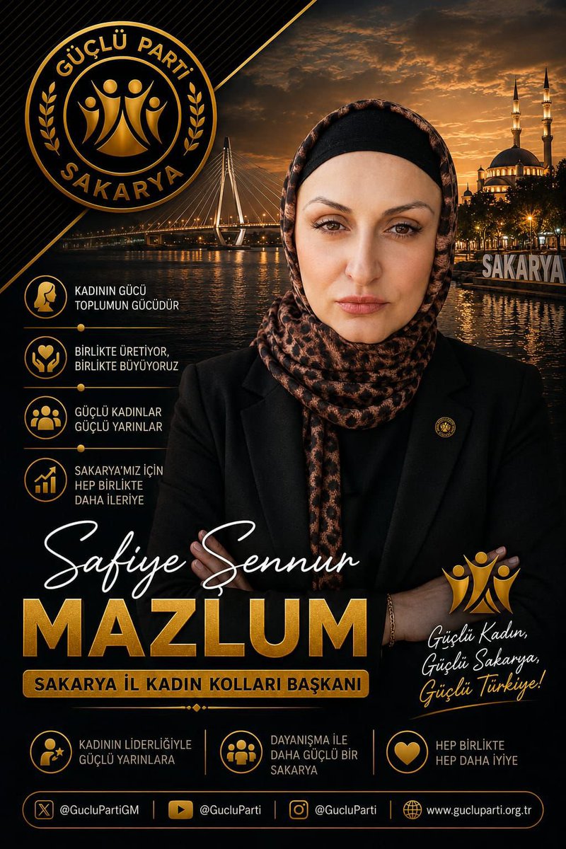 GucluPartiGM's tweet photo. SAKARYA HAZIR, TÜRKİYE HAZIR! 

Sakarya Il Kadın Kolları Başkanlığı görevine Safiye Şennur Mazlum hanımefendi yetkili kılınmıştır. 

#GüçlüSakarya #GüçlüTürkiye https://t.co/VP4kuqeFuX