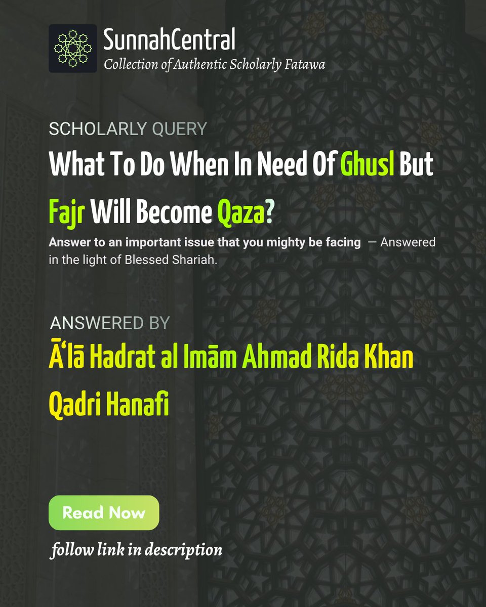 sunnah_central's tweet photo. What To Do When You Are In Need Of A Fard Ghusl (Bath) But It Will Delay You To Such An Extent That Your Fajr Salaah Will Become Qaza?

A scholarly query answerd by ‘Āla Hadrat al-Imām Ahmad Rida Khan Qadri Hanafi Maturidi

Read now at SunnahCentral https://t.co/BOVIZeumCN https://t.co/P3O92TEVaD