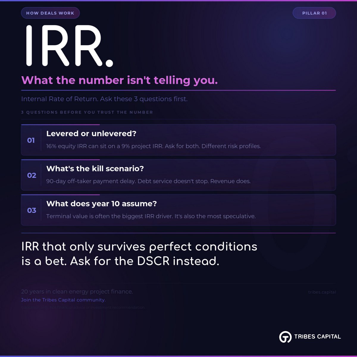 davidoloba8's tweet photo. IRR without context is a number someone typed into a spreadsheet.
3 things practitioners ask 👇
💡 Levered or unlevered? (16% equity can sit on 9% project IRR)

⚠️ What's the 90-day payment delay scenario?

📅 What does year 10 actually assume?

#IRR #ProjectFinance #SolarAfrica https://t.co/8pXqIWlry9
