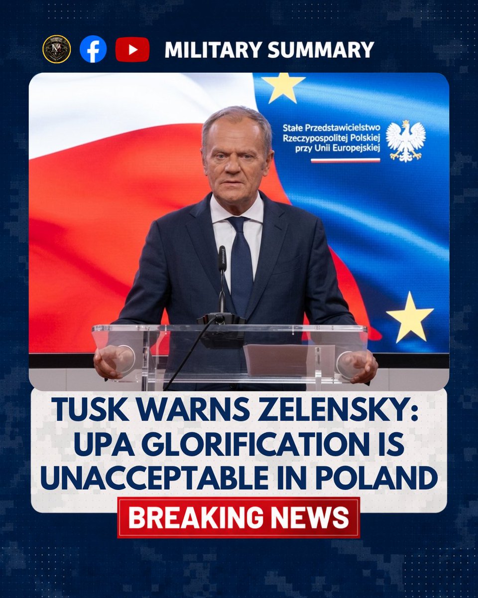 MilitarySummary's tweet photo. 🇵🇱 Polish PM Tusk on Ukraine:

Zelensky is aware that these historical issues concerning our shared history, and decisions involving the glorification of the UPA through naming military units after them, are something that will not meet with acceptance in Poland, regardless of political affiliation.

I have consistently stood on Ukraine’s side in its war with Russia, and truly nobody will convince me that it should be otherwise, because it is in Poland’s interest.

It is Ukraine’s role and responsibility to respect its allies, especially allies as active and as indispensable as Poland, and to take into account mutual respect and sensitivities.