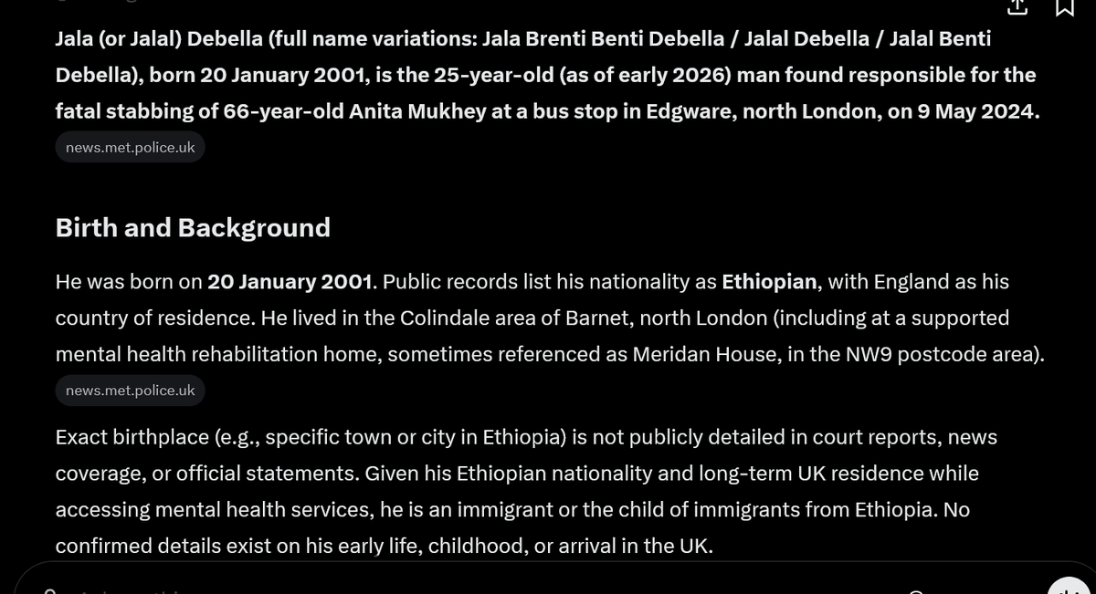 justrightFrank's tweet photo. How many of you have ever stood at a bus stop in the UK.
Anita Mukhey, a 66 year old grandmother was doing exactly that when she was attacked by Jalal Debella.
Dabella had never seen Anita before but he pulled out a knife, stabbed her 18 times and then calmly walked away.
Once again her death is not listed as a murder.
Once again the killer had "mental problems".
That saved the Home Office from having to answer any awkward questions I suppose, such as "Why the Hell was he here"?
I have attached a link to the story as the BBC tells it and you may find other news sources that ran with it but I cannot find any that says that the killer was an Ethiopian National.
I wonder why that would be?
More blood on the hands of the Uniparty and the Home Office.
The shameful waste of a much loved lady snatched away by a man who should not have been here.
Her killer bought the knife over the internet, it was delivered to his care home address one hour before he used it to kill Anita.
They want us to forget her,,,,please don't.
https://t.co/FEki0crquj