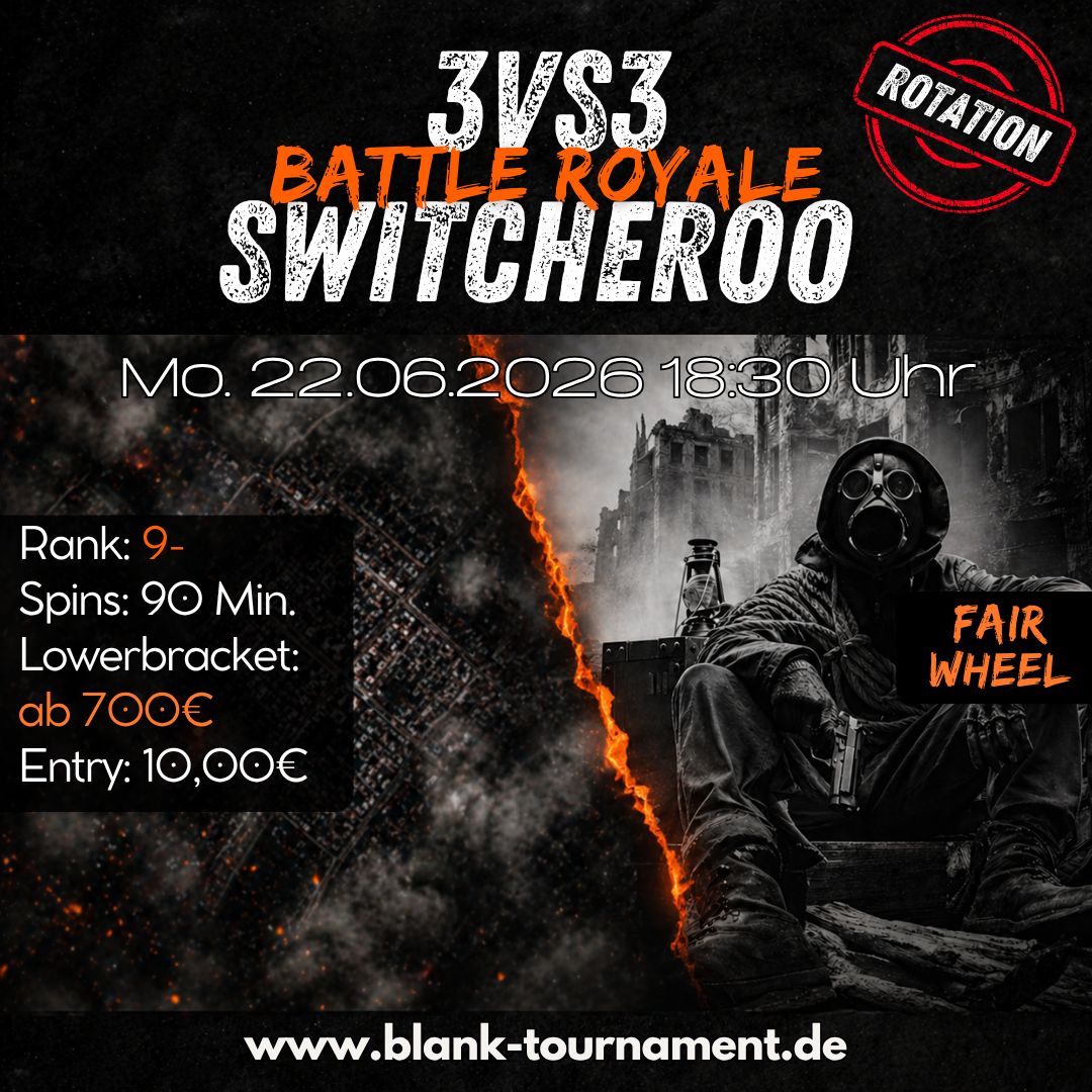 blanktournament's tweet photo. 3VS3 BATTLE ROYALE SWITCHEROO FAIRWHEEL 9-

📅 Montag, 22.06. 18:30 Uhr
💵 Entry:  10€
🔄 Spins: 60 min
⬇️ Lowerbracket: ab 700€
🧑‍💻 Host: ANDIMATIONSTIER

Jetzt anmelden 👉 https://t.co/ToQFmptoy3 https://t.co/PsN9IhPYv8