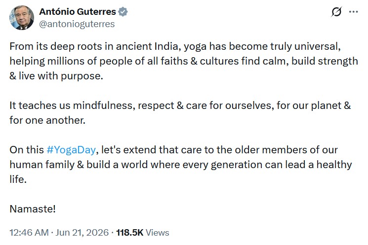 NickVWriter's tweet photo. One of the most impressive characteristics of António Guterres @antonioguterres , Secretary-General of the United Nations @UN , is his ability to set priorities and provide solutions . Even though wars , natural disasters , immigration flows , poverty , illiteracy and infectious diseases are the grim reality of millions of human beings around the world , António Guterres eagerly used his precious and , dare I say , handsomely compensated time to write three short paragraphs about #YogaDay . What an absolute cunt , sorry , I meant lad !