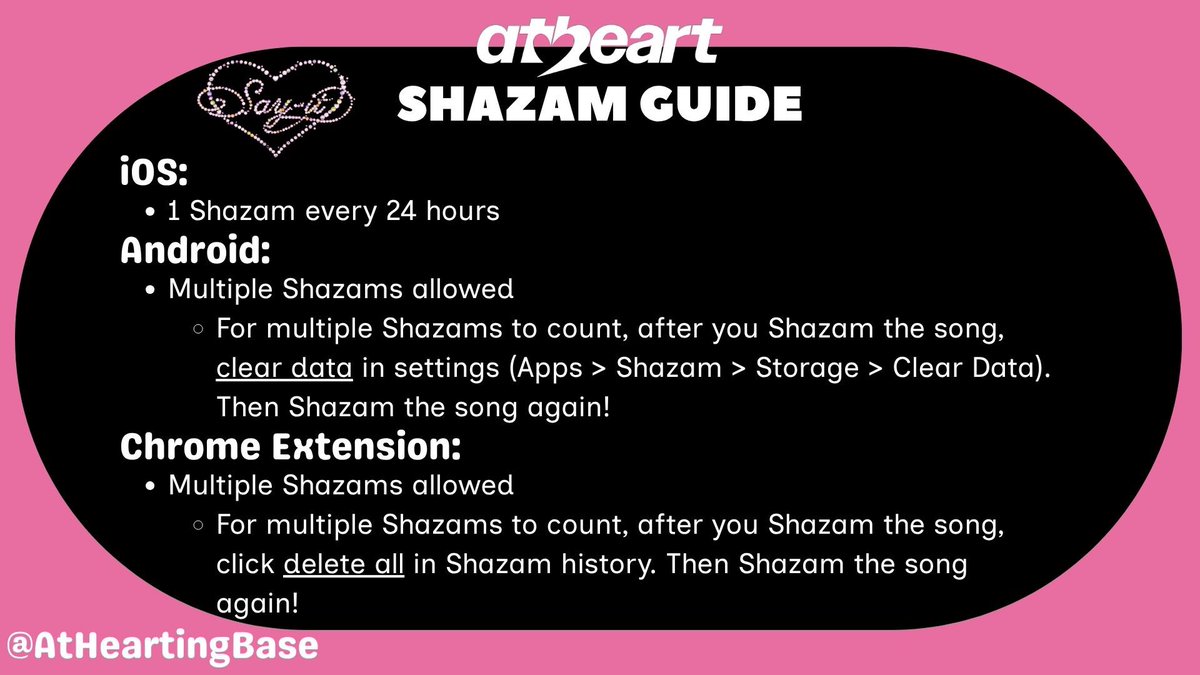 AtHeartBase's tweet photo. Heartbeat, we’re only a few days away! Here’s guides to stream and support “Say It” and AtHeart!

🌀Shazam🌀

If you have any questions, feel free to ask for clarification!

Pre-save/add: https://t.co/uwyjdYNA76 https://t.co/5R8Wpd5epQ