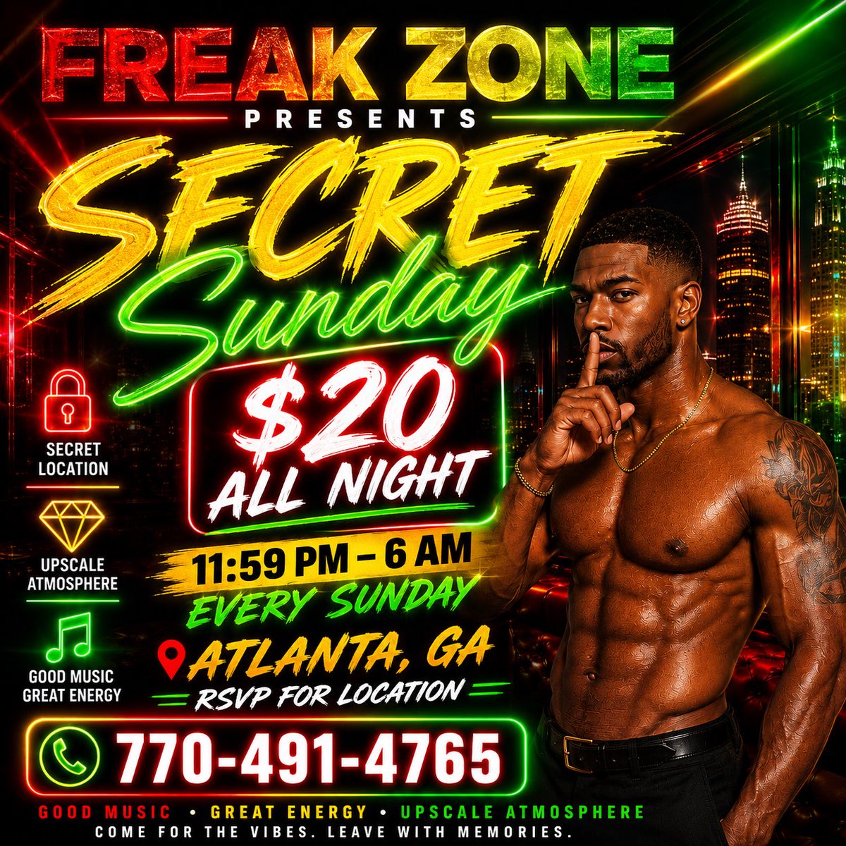 DafreakzoneATL's tweet photo. 🔒 SECRET SUNDAY TONIGHT 🔒

The weekend isn’t over yet.

Join us tonight at FREAK ZONE for an sexy late-night experience featuring good music, great energy, and a crowd ready to enjoy the night.

💵 $20 All Night
🕛 11:59 PM – 6:00 AM
📍 Atlanta, GA
📲l770-491-4765 https://t.co/xL087F6QG8