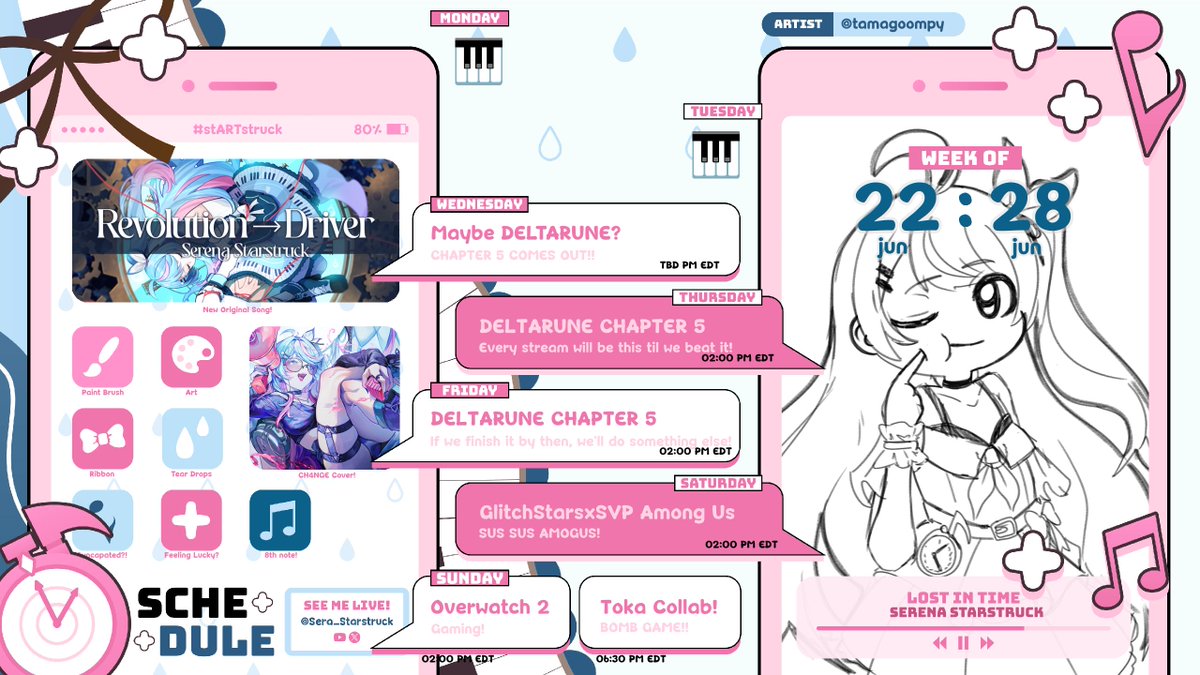 Sera_Starstruck's tweet photo. This week's schedule will be very liquid and we'll have to play by ear! Sorry!
General: #SerenaStarstruck
Live: #StarstruckLive
Art: #stARTstruck
Thumbnails/Assets: #SerenaAssets
Clips: #StarstruckClips
NSFW: #NiceCl0ckBro
Fan Name: #StarBrights https://t.co/JOCmZavW9I
