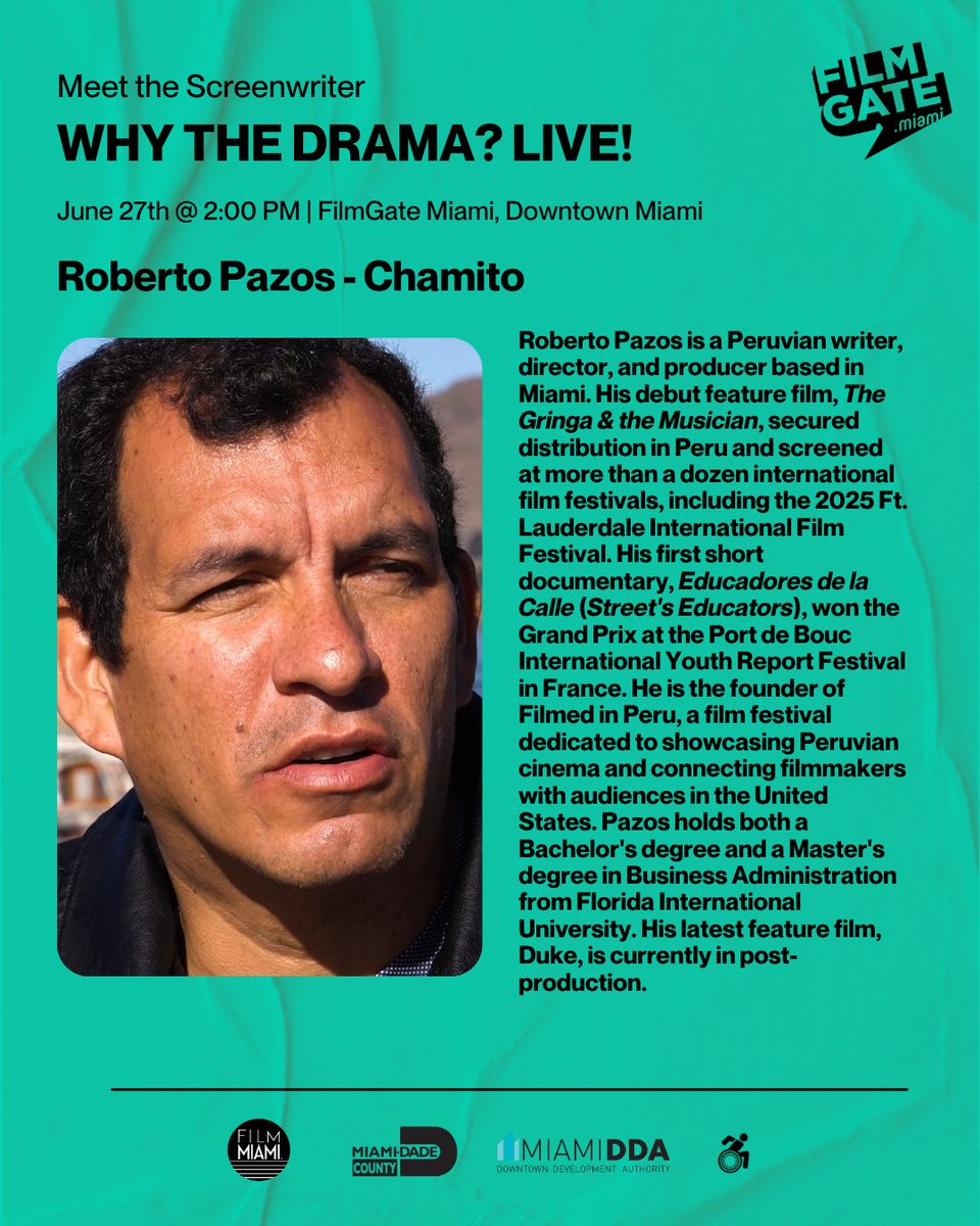 FilmgateMiami's tweet photo. WHY THE DRAMA? returns June 27! 🌴🔥

Meet the writers behind three exciting South Florida feature films.

🧟 GRAVEYARD SHIFT — Gabriel Lopez
💃 PROJECT BALLROOM — Freddy Rodriguez
🎤 CHAMITO — Roberto Pazos

📅 June 27 | 2–5 PM
📍 El Oro Theater @ FilmGate Miami https://t.co/1IsuPv6bLI