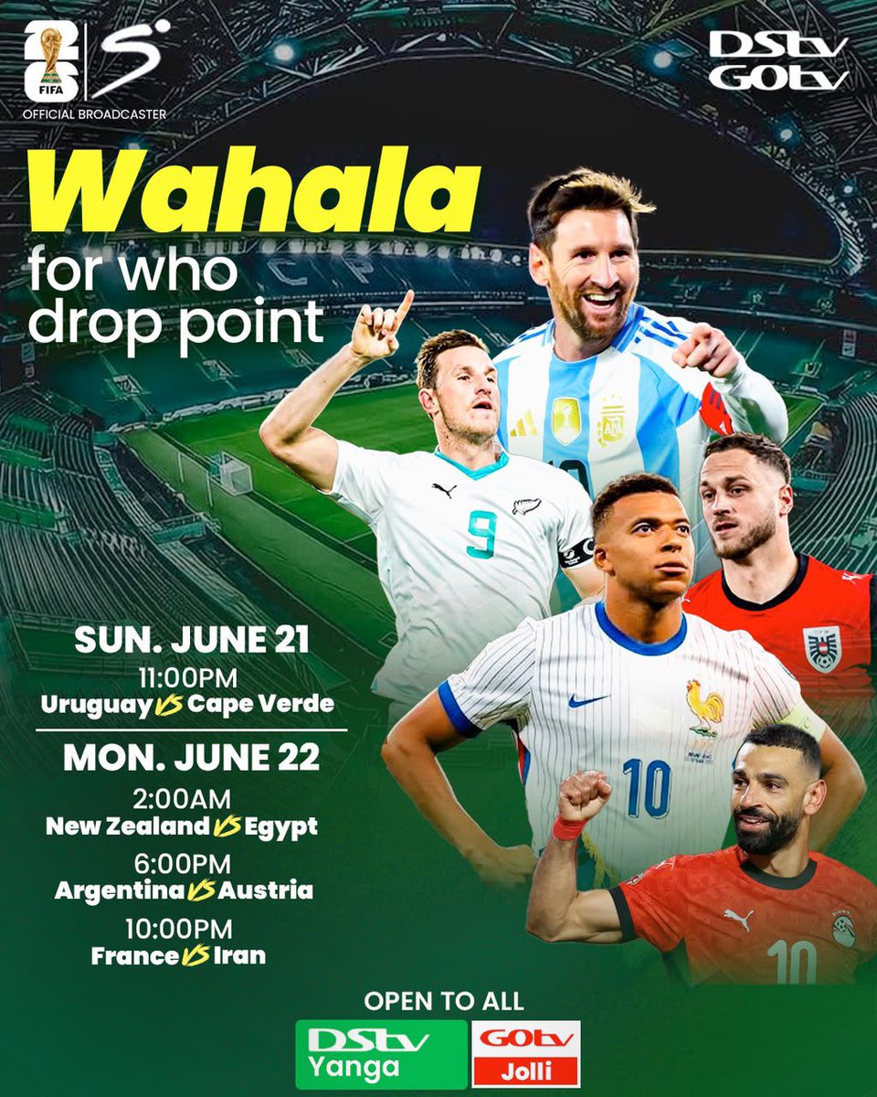 Tringers__'s tweet photo. You really want to sleep tonight ? Na back to back games wey dey hot we get o.  

- Uruguay and Cape Verde go lock heads by 11pm, 
- Early momo New Zealand and Egypt go enter the same trousers by 2am followed 
- Argentina vs Austria by 6pm and France vs Iran by 10pm.

Subscribe to DStv Yanga or GOtv Jolli to catch all the action live.

#GOtvFIFAWorldCup2026